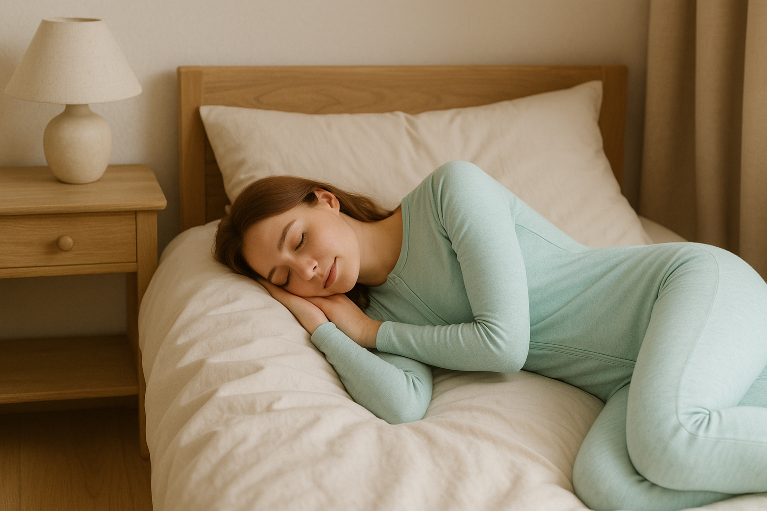 Frau schläft entspannt im SleepSuit